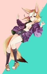 Rule 34 | 1girl, alternate costume, animal ears, blonde hair, breasts, dated, drawstring, extra ears, fennec (kemono friends), floating hair, fox ears, fox girl, fox tail, full body, grey eyes, hands up, highres, jacket, kemono friends, leaning back, long sleeves, looking at viewer, medium hair, nanana (nanana iz), navel, no bra, open clothes, open fly, open jacket, open shorts, shoes, short shorts, shorts, sidelocks, small breasts, socks, solo, stomach, tail