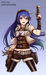 Rule 34 | 10s, 1girl, :d, alternate costume, aqua hair, arm belt, arms at sides, asymmetric gloves, asymmetrical gloves, belt, black gloves, blue hair, brooch, brown shorts, buckle, chain, character name, corset, cowboy shot, curry bowl, denim, denim jacket, fingerless gloves, fur-trimmed gloves, fur trim, gem, gloves, goggles, goggles on head, gradient background, gradient hair, gun, hand up, handgun, holding, holding gun, holding weapon, holster, jacket, jewelry, legs apart, long hair, looking at viewer, love live!, love live! school idol festival, love live! school idol project, midriff, mismatched gloves, multicolored hair, necklace, open mouth, orange eyes, pantyhose, pendant, short shorts, shorts, sleeveless, smile, solo, sonoda umi, steampunk, striped clothes, striped pantyhose, teeth, uneven gloves, vertical-striped clothes, vertical-striped pantyhose, very long hair, weapon, weapon bag, yellow eyes