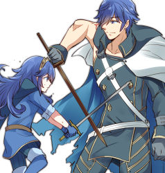 Rule 34 | 1boy, 1girl, ameno (a meno0), asymmetrical sleeves, bad id, bad pixiv id, blue eyes, blue footwear, blue gloves, blue hair, boots, brown hairband, cape, child, chrom (fire emblem), collarbone, father and daughter, fire emblem, fire emblem awakening, floating hair, gloves, grey gloves, hairband, holding, holding sword, holding weapon, long hair, lucina (fire emblem), nintendo, pants, simple background, sweatdrop, sword, thigh boots, thighhighs, torn cape, torn clothes, uneven sleeves, weapon, white background, white cape