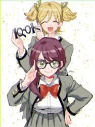 Rule 34 | &gt;:), 2girls, :d, ^ ^, adjusting eyewear, asa (asa 410st), behind another, bell, black-framed eyewear, blonde hair, blush, breast pocket, breasts, chromatic aberration, closed eyes, closed mouth, collared shirt, commentary, confetti, cowboy shot, daiba nana, unworn eyewear, facing viewer, glasses, green eyes, green ribbon, grey jacket, grey skirt, hair bell, hair ornament, hair over shoulder, hair ribbon, hand on own hip, hand up, hands up, high-waist skirt, holding, holding removed eyewear, hoshimi junna, jacket, jingle bell, leaning forward, long hair, long sleeves, looking at viewer, low ponytail, medium breasts, multiple girls, number glasses, open clothes, open jacket, open mouth, pleated skirt, pocket, purple hair, ribbon, school uniform, seishou music academy uniform, shirt, shirt tucked in, short hair, short twintails, shoujo kageki revue starlight, side ponytail, simple background, skirt, smile, standing, swept bangs, twintails, twitter username, v-shaped eyebrows, white background, white shirt