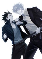 Rule 34 | 2boys, aged up, belt, black hair, black jacket, blue eyes, cigarette, collared shirt, cowboy shot, dagger, gon freecss, green jacket, highres, holding, holding dagger, holding knife, holding lighter, holding weapon, hunter x hunter, jacket, k.g (matsumoto zo), killua zoldyck, knife, lighter, long sleeves, looking at another, male focus, multiple boys, open clothes, open jacket, profile, shirt, short hair, simple background, spiked hair, weapon, white background, white shirt, yellow eyes
