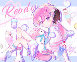 Rule 34 | candy, cat, character name, cherry, dear vocalist, fish, food, fruit, grey eyes, hair ornament, hairclip, highres, ice cream, jeje (pixiv60670177), jellyfish, looking at viewer, pale skin, pastel colors, pink hair, re-o-do, solo