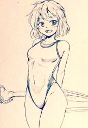 Rule 34 | 1girl, alternate costume, bare legs, breasts, commentary request, competition swimsuit, covered navel, cowboy shot, d-m (dii emu), eyelashes, greyscale, happy, holding, holding umbrella, looking at viewer, monochrome, one-piece swimsuit, open mouth, short hair, small breasts, standing, swimsuit, tatara kogasa, touhou, umbrella