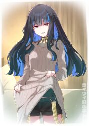 Rule 34 | 1girl, absurdres, bed, bedroom, black hair, black shorts, blue hair, breasts, colored inner hair, dress, fate/grand order, fate (series), grey eyes, grin, highres, jewelry, kojima takeshi, long hair, long sleeves, looking at viewer, multicolored hair, neck ring, ribbed sweater, shorts, sidelocks, small breasts, smile, solo, speech bubble, sweater, sweater dress, tenochtitlan (fate), tenochtitlan (second ascension) (fate), textless version, thighs, wavy hair, white sweater