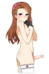 Rule 34 | 1girl, bad id, bad pixiv id, black gloves, blush, breasts, brown hair, censored, commentary request, cowboy shot, cropped legs, erection, foreskin, from side, futanari, gloves, hairband, hands on own chest, heart, heart censor, highres, hisakawa riho, idolmaster, idolmaster (classic), long hair, looking at viewer, medium penis, minase iori, newhalf, nipples, penis, phimosis, red eyes, revision, simple background, small breasts, solo, standing, testicles, thighhighs, veins, veiny penis, white background, white thighhighs