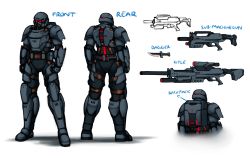 Rule 34 | armor, bad id, bad pixiv id, character sheet, commentary, commission, english commentary, extra eyes, glowing, glowing eyes, gun, highres, knife, military, original, pinguinkotak, power armor, red eyes, rifle, science fiction, sniper rifle, weapon, white background