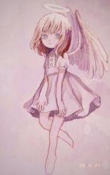Rule 34 | 1girl, angel, angel wings, barefoot, dated, dress, expressionless, feathered wings, full body, halo, highres, kapura, long hair, original, puffy short sleeves, puffy sleeves, short sleeves, solo, white dress, white hair, white wings, wings