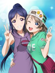 Rule 34 | 2girls, ;d, backwards hat, bag, baseball cap, blue background, blue eyes, blue hair, brown hair, floating hair, green sweater, grin, hand on another&#039;s hip, hat, high ponytail, highres, hood, hood down, hooded sweater, long hair, looking at viewer, love live!, love live! school idol festival, love live! sunshine!!, matsuura kanan, mell ast, multiple girls, official style, one eye closed, open mouth, print sweater, purple eyes, purple sweater, short hair, smile, sweater, upper body, v, very long hair, w, watanabe you