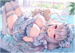 Rule 34 | 1girl, absurdres, animal ears, apron, bed, blue dress, breasts, bridal garter, cleavage, curtains, dress, flower, frilled dress, frills, gloves, grey hair, hair between eyes, highres, kneehighs, large breasts, long hair, looking at viewer, lying, maid, maid apron, maid headdress, on back, on bed, open mouth, original, plant, potted plant, purple eyes, scan, shiono (0303), smile, socks, stuffed animal, stuffed toy, teddy bear, thigh strap, white gloves, window