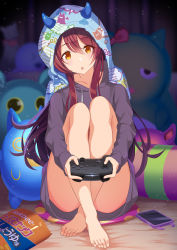 Rule 34 | 1girl, :o, ass, bare legs, barefoot, blanket, blurry, blush, brown hair, cellphone, collarbone, commentary request, controller, depth of field, drawstring, fake horns, feet, grey hoodie, hair between eyes, head tilt, highres, holding, holding controller, hood, hood down, hoodie, horns, idolmaster, idolmaster shiny colors, knees up, light particles, long hair, long sleeves, looking at viewer, orange eyes, osaki tenka, parted lips, phone, pillow, sleeves past wrists, smartphone, solo, thighs, toes, tomato (madanai the cat)