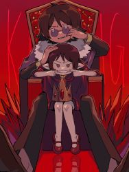 Rule 34 | 1boy, 1girl, adventure time, aged down, black hair, brown hair, cloak, colored skin, crown, demon girl, fangs, grey skin, hand on another&#039;s head, highres, looking at viewer, marceline abadeer, mouth pull, pointy ears, red background, short hair, simon petrikov, sitting, sitting on lap, sitting on person, smile, throne, tsujii luki