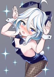 Rule 34 | 1girl, @ @, animal ears, arms up, blue bow, blue eyes, blue leotard, bow, breasts, commentary request, cowboy shot, embarrassed, fake animal ears, fake tail, fishnet pantyhose, fishnets, furina (genshin impact), genshin impact, grey background, heterochromia, leotard, looking at viewer, nervous sweating, open mouth, pantyhose, playboy bunny, rabbit ears, rabbit tail, s (hdru2332), small breasts, solo, standing, sweat, tail, white hair, white wrist cuffs, wrist cuffs