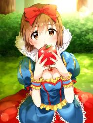 Rule 34 | 1girl, apple, bad id, bad pixiv id, bow, brown eyes, brown hair, bush, cosplay, disney, dress, food, frilled dress, frills, fruit, hagiwara yukiho, hair bow, heart, heart necklace, high collar, holding, holding food, holding fruit, idolmaster, idolmaster (classic), jewelry, lace trim, lens flare, looking at viewer, necklace, open mouth, outdoors, pendant, plant, puff and slash sleeves, puffy short sleeves, puffy sleeves, restaint, short hair, short sleeves, snow white, snow white (cosplay), snow white (disney), snow white and the seven dwarfs, solo, sunlight, tree, wrist cuffs