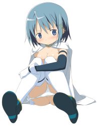 Rule 34 | 10s, 1girl, blue eyes, blue hair, blush, boots, breasts, cape, cleavage, elbow gloves, fortissimo, full body, gloves, hair ornament, magical girl, mahou shoujo madoka magica, matching hair/eyes, miki sayaka, moritan, musical note, musical note hair ornament, panties, panty pull, pussy, pussy peek, short hair, simple background, sitting, solo, sweat, tears, thighhighs, uncensored, underwear, white background