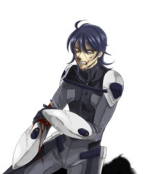 Rule 34 | 00s, 1boy, ahoge, belt, blood, bodysuit, clenched teeth, gundam, gundam 00, long hair, long sleeves, looking at viewer, male focus, michael trinity, parted lips, shaded face, shoulder pads, simple background, solo, teeth, uniform, white background