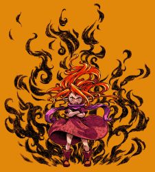 Rule 34 | 1girl, child, commentary request, crossed arms, dress, fire, floating hair, glaring, hatching (texture), highres, long hair, looking at viewer, momochichi77, open mouth, orange background, orange hair, original, pointy ears, purple scarf, red dress, red eyes, red footwear, scarf, short sleeves, solo, standing, straight-on, v-shaped eyebrows, wide shot