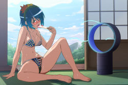 Rule 34 | 1girl, american flag, american flag bikini, bad anatomy, barefoot, bikini, bladeless fan, blue hair, blush, breasts, cleavage, day, dyson (company), electric fan, feet, female focus, flag print, food, full body, h-new, indoors, large breasts, legs, long tongue, nature, on floor, plant, popsicle, red eyes, short hair, sitting, sky, slit pupils, solo, spread legs, sweat, swimsuit, tatami, thighs, toes, tongue, tongue out, touhou, yasaka kanako