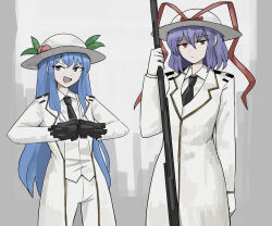 Rule 34 | 2girls, :d, alternate costume, black gloves, black necktie, blue eyes, blue hair, closed mouth, coat, collared shirt, commentary, commission, english commentary, formal, gloves, highres, hinanawi tenshi, library of ruina, long hair, looking at viewer, mata (matasoup), multiple girls, nagae iku, necktie, open mouth, pants, project moon, purple hair, shirt, smile, touhou, white coat, white gloves, white pants, white shirt