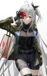 Rule 34 | 1girl, ahoge, apple, arknights, bag, belt, black gloves, black shorts, black sweater, bow, cowboy shot, food, food bite, fruit, gloves, green jacket, grey hair, hair between eyes, hair bow, hand up, highres, holding, holding food, holding fruit, jacket, jewelry, long hair, long sleeves, looking at viewer, necklace, open clothes, open jacket, pearl necklace, plastic bag, red apple, red eyes, shorts, side ponytail, simple background, skadi (arknights), skadi (the next afternoon tea) (arknights), solo, standing, sweater, sweater tucked in, thighhighs, tote bag, very long hair, white background, yuuki mix