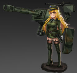 Rule 34 | 1girl, absurdres, black thighhighs, blonde hair, boots, camouflage, camouflage jacket, camouflage skirt, cannon, chance8000, garter straps, gloves, green footwear, green headwear, gun, hat, high heel boots, high heels, highres, howitzer, jacket, long hair, long sleeves, m109 howitzer, machine gun, machinery, mecha musume, military, military vehicle, miniskirt, original, peaked cap, personification, skirt, smile, thigh boots, thighhighs, thighhighs under boots, turret, very long hair, weapon, white gloves, yellow eyes, zettai ryouiki