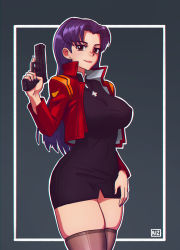 Rule 34 | 1girl, absurdres, black hair, black nails, black thighhighs, breasts, brown eyes, closed mouth, cross, cross necklace, earrings, glock, gun, handgun, highres, holding, holding gun, holding weapon, jewelry, katsuragi misato, large breasts, lips, lipstick, long hair, looking at viewer, makeup, nail polish, necklace, neon genesis evangelion, pistol, riz, smile, solo, stud earrings, thighhighs, weapon
