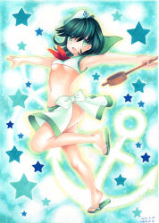 Rule 34 | 1girl, adapted costume, anchor, bikini, black hair, breasts, dated, grey eyes, hat, ladle, looking at viewer, marker (medium), medium breasts, mosho, murasa minamitsu, navel, neckerchief, open mouth, outstretched arms, painting (medium), sailor bikini, sailor collar, sailor hat, sarong, signature, small breasts, solo, standing, standing on one leg, star (symbol), swimsuit, touhou, traditional media, underboob, watercolor (medium), white bikini