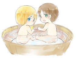 Rule 34 | 2boys, :&lt;, armin arlert, ass, basin, bath, bathing, blush, brown hair, chibi, dated, eren yeager, from behind, green eyes, male focus, moxue qianxi, multiple boys, nude, open mouth, rubber duck, same-sex bathing, shared bathing, shingeki no kyojin, short hair, simple background, water, wet, white background
