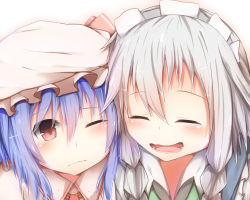 Rule 34 | 2girls, blue hair, blush, braid, closed eyes, gradient background, grimace, hat, heads together, izayoi sakuya, looking at another, maid headdress, mob cap, multiple girls, one eye closed, open mouth, red eyes, remilia scarlet, short hair, silver hair, simple background, smile, sorahachi (sora823), touhou, twin braids, upper body