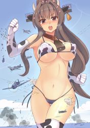 Rule 34 | 1girl, aircraft, airplane, animal ears, animal print, bell, bikini, blush, breasts, brown eyes, brown hair, collar, covered erect nipples, cow ears, cow horns, cow print, cow print bikini, dated, elbow gloves, giant, giantess, gloves, headgear, highres, horns, kantai collection, large breasts, long hair, navel, neck bell, open mouth, ponytail, print bikini, revision, seo tatsuya, solo, swimsuit, thighhighs, twitter username, very long hair, yamato (kancolle)