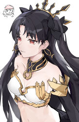 Rule 34 | 2girls, armlet, bandeau, black gloves, black hair, breasts, chinese commentary, cleavage, collar, commentary request, corrupted metadata, earrings, elbow gloves, fate/grand order, fate (series), gloves, highres, hoop earrings, ikarosu (ikarosu01), ishtar (fate), jewelry, long hair, midriff, multiple girls, navel, object on head, panties, panties on head, red eyes, simple background, small breasts, stomach, strapless, striped clothes, striped panties, thumbs up, tiara, tube top, two side up, underwear, upper body, very long hair, white background