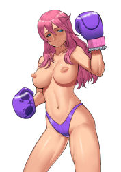 Rule 34 | 1girl, areola slip, bandaid, bandaids on nipples, blue eyes, blush, boxing gloves, breasts, bubuki buranki, cessa, clenched hands, collarbone, commentary, commission, english commentary, gloves, grey eyes, hair between eyes, highleg, highleg panties, highres, large breasts, long hair, multicolored eyes, navel, panties, pasties, pink hair, purple gloves, purple panties, solo, standing, taneomi shizuru, thighs, topless, underwear, white background