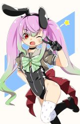 Rule 34 | 1girl, adapted costume, animal ears, black choker, black footwear, black gloves, black leotard, boots, bow, choker, commentary, fake animal ears, garter straps, gloves, gradient hair, green bow, green hair, highres, kantai collection, knee boots, leg up, leotard, light purple hair, long hair, looking at viewer, momo (kancolle), multicolored hair, nassukun, one eye closed, playboy bunny, rabbit ears, red eyes, sailor collar, short sleeves, sidelocks, simple background, solo, star (symbol), symbol-only commentary, thighhighs, twintails, two-tone background, v, very long hair, white thighhighs
