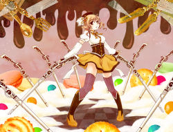 Rule 34 | 10s, 1girl, bad id, bad pixiv id, beret, blonde hair, boots, breasts, candy, checkered floor, cookie, corset, detached sleeves, drill hair, dual wielding, fingerless gloves, floor, food, fork, gloves, gun, hair ornament, hat, holding, icing, knife, magical girl, magical musket, mahou shoujo madoka magica, mahou shoujo madoka magica (anime), medium breasts, omayu, pleated skirt, puffy sleeves, rifle, skirt, solo, spoon, thighhighs, tomoe mami, weapon, witch hat, yellow eyes, zettai ryouiki
