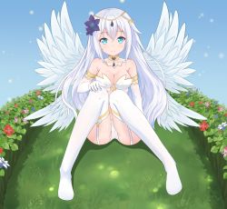 Rule 34 | 10s, 1girl, angel wings, aqua eyes, bad id, bad pixiv id, bare shoulders, black heart (neptunia), breasts, cameltoe, cleavage, collar, elbow gloves, flower, four goddesses online: cyber dimension neptune, full body, gloves, hair flower, hair ornament, halo, highres, icwine, jewelry, large breasts, long hair, looking at viewer, midriff, navel, neptune (series), noire (neptunia), power symbol, power symbol-shaped pupils, revision, sitting, smile, solo, stomach, symbol-shaped pupils, thighhighs, white hair, wings
