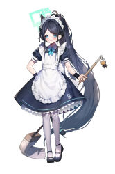 Rule 34 | &lt;key&gt; (robot) (blue archive), 1girl, absurdly long hair, alternate costume, apron, aris (blue archive), aris (maid) (blue archive), black dress, black footwear, black hair, blue archive, blue eyes, blush, closed mouth, dress, enmaided, frilled apron, frills, green halo, grey pantyhose, halo, hanato (seonoaiko), highres, holding, holding mop, long hair, maid, maid apron, maid headdress, mop, official alternate costume, pantyhose, puffy short sleeves, puffy sleeves, shoes, short sleeves, simple background, smile, solo, very long hair, white apron, white background