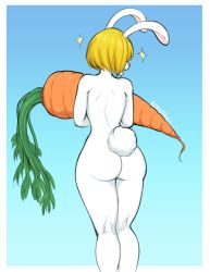 Rule 34 | 1girl, afrobull, animal ears, ass, blonde hair, blue background, carrot, carrot (one piece), furry, furry female, gradient background, highres, one piece, rabbit ears, rabbit girl, rabbit tail, short hair, simple background, solo, tail, white fur