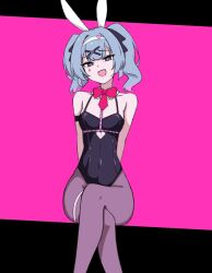 Rule 34 | 1girl, :d, animal ears, arm strap, arms behind back, bare shoulders, black leotard, black pantyhose, blue eyes, blue hair, bow, bowtie, chirun0, clothing cutout, covered navel, crossed legs, detached collar, fake animal ears, feet out of frame, hairband, hatsune miku, head tilt, heart cutout, highleg, highleg leotard, leotard, looking at viewer, open mouth, pantyhose, pink bow, pink bowtie, pink pupils, playboy bunny, pure pure (rabbit hole), rabbit ears, rabbit hole (vocaloid), short hair, short twintails, sitting, smile, solo, stomach cutout, teardrop facial mark, thigh strap, twintails, vocaloid, white hairband