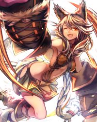 Rule 34 | 10s, 1girl, ;d, animal ears, bare shoulders, erune, fangs, granblue fantasy, highres, hrtyuk, long hair, looking at viewer, navel, one eye closed, open mouth, orange eyes, sen (granblue fantasy), silver hair, simple background, smile, solo, very long hair, white background