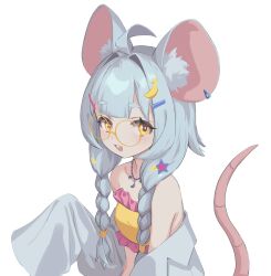 Rule 34 | 1girl, absurdres, ahoge, animal ears, banana hair ornament, braid, buck teeth, commentary, ellu, food-themed hair ornament, grey hair, hair ornament, hairclip, highres, hikimayu, jacket, jewelry, long hair, mouse ears, mouse girl, mouse tail, necklace, open clothes, open jacket, open mouth, original, simple background, sleeves past wrists, solo, symbol-only commentary, tail, teeth, twin braids, white background, white jacket, yellow eyes