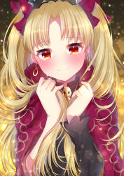 Rule 34 | 1girl, akirannu, blonde hair, cape, earrings, ereshkigal (fate), fate/grand order, fate (series), hair ribbon, highres, holding, holding own hair, hoop earrings, jewelry, parted bangs, red cape, red eyes, red ribbon, ribbon, single sleeve, skull, smile, solo, tearing up, tiara, tohsaka rin, two side up, upper body