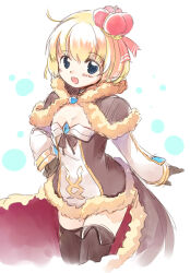 Rule 34 | 1girl, :d, black gloves, black thighhighs, blonde hair, blue eyes, blush, brown cape, brown dress, cape, commentary request, cowboy shot, cross, crown, crystal, dress, emurin, flat chest, folded thighhighs, fur-trimmed cape, fur-trimmed dress, fur trim, gloves, hand on own hip, looking at viewer, official alternate costume, open mouth, ragnarok online, red cape, short dress, short hair, smile, solo, thighhighs, two-sided cape, two-sided fabric, two-tone dress, warlock (ragnarok online), white background, white dress