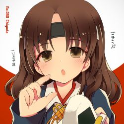 Rule 34 | 10s, 1girl, breasts, brown eyes, brown hair, character name, chiyoda (kancolle), eyebrows, food, headband, japanese clothes, kamiyoshi rika, kantai collection, large breasts, looking at viewer, onigiri, open mouth, short hair, solo, upper body