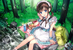 Rule 34 | 1girl, :d, apron, backpack, bag, bento, black bow, blue dress, bow, breasts, brown hair, day, dress, food, forest, grass, hair ornament, handkerchief, looking at viewer, maid apron, maid headdress, medium breasts, mochiko (mochiko3121), nature, onigiri, open mouth, outdoors, picnic, rock, shoes, unworn shoes, short sleeves, short twintails, sitting, smile, soaking feet, solo, stream, sweatdrop, thermos, tree, twintails, wrist cuffs, x hair ornament, yellow bag