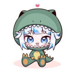 Rule 34 | 1girl, :d, animal hood, blue eyes, blue hair, blush stickers, chibi, colored shadow, commentary, dinosaur costume, english commentary, full body, gawr gura, heart, highres, hololive, hololive english, hood, hood up, multicolored hair, open mouth, shadow, sharp teeth, sitting, smile, solo, streaked hair, teeth, tosyeo, virtual youtuber, white background, white hair