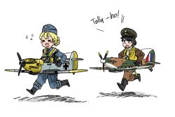 Rule 34 | &gt; &lt;, 2girls, aircraft, airplane, anyan (jooho), artist request, bf 109, black hair, blonde hair, blue eyes, blush, boots, chasing, closed eyes, english text, flying sweatdrops, full body, hat, knee boots, military, multiple girls, non-web source, open mouth, original, pants, profile, running, toy
