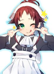 Rule 34 | 1girl, aisha greyrat, apron, ascot, blush, female focus, green eyes, headband, looking at viewer, maid, maid apron, maid headdress, mushoku tensei, pointing, pointing at self, red hair, rotten tofu, smile, solo, star (symbol), tongue, tongue out, upper body, white background