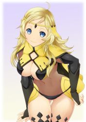 Rule 34 | 1girl, ahoge, ashita yaru, black panties, black thighhighs, blonde hair, blue eyes, breasts, bridal gauntlets, cape, cleavage, cowboy shot, fire emblem, fire emblem fates, gluteal fold, grey background, head tilt, headpiece, jewelry, large breasts, leaning forward, long hair, looking at viewer, navel, nintendo, ophelia (fire emblem), panties, parted bangs, ring, see-through, smile, solo, standing, thigh gap, thighhighs, underwear, white cape