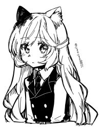 Rule 34 | 1girl, alternate hair length, alternate hairstyle, animal ears, arknights, blush, cat ears, cat girl, collared shirt, cropped arms, cropped torso, greyscale, highres, long hair, long sleeves, looking at viewer, monochrome, mousse (arknights), necktie, no headwear, shirt, simple background, sketch, solo, twitter username, upper body, very long hair, vest, white background, yom (ymayma00ss)