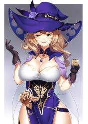 Rule 34 | 1girl, absurdres, amd, blush, breasts, brown hair, cleavage, dress, flower, gem, genshin impact, gloves, green eyes, hair between eyes, hat, highres, holding, jewelry, large breasts, lisa (genshin impact), looking at viewer, lulu-chan92, medium hair, name connection, necklace, open mouth, ornate clothes, parody, pun, rose, simple background, smile, solo, thighs, twitter username, wavy hair, witch, witch hat