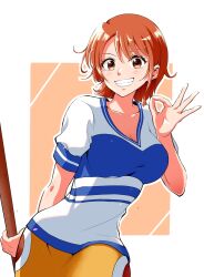 Rule 34 | 1girl, blush, border, breasts, brown eyes, brown hair, cleavage, collarbone, eyelashes, grin, highres, hn (folder), holding, holding pole, large breasts, nami (one piece), ok sign, one piece, pole, shirt, short hair, short sleeves, smile, solo, striped clothes, striped shirt, white border, yellow shirt